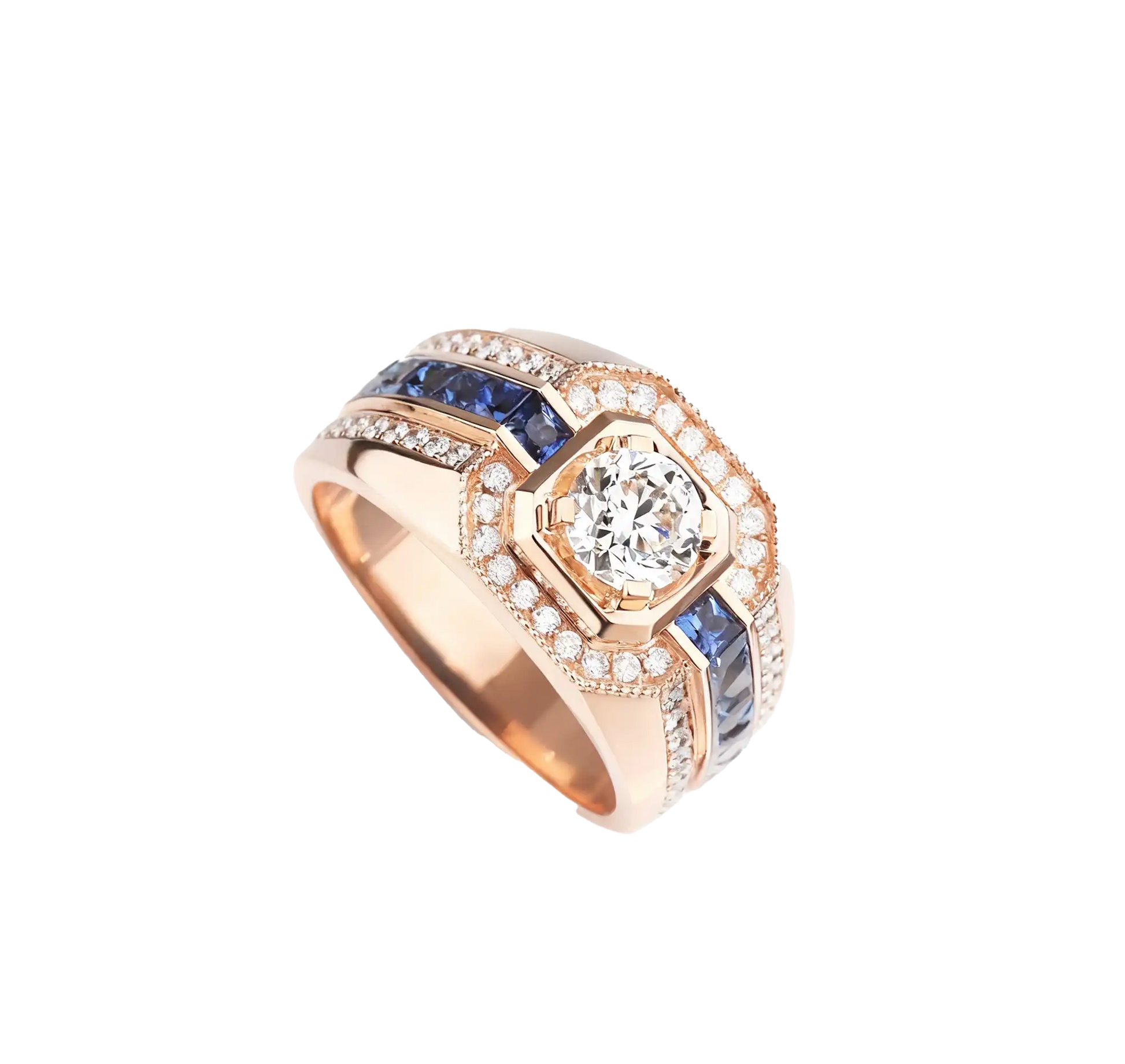 Men Engagement Ring - Moissanite & Sapphire Gold Mens Ring