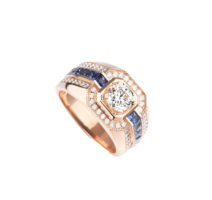 Men Engagement Ring - Moissanite & Sapphire Gold Mens Ring