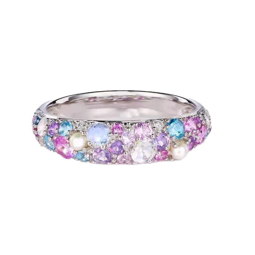 Lab-Grown Multi-Gemstone Moonlit Ring | 0.8ctw Cultured Gems 0.03ctw Moissanite Freshwater Pearl 925 Sterling Silver Ring - BOCOS Jewelry