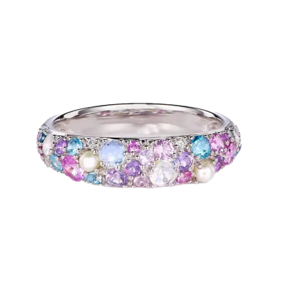 Lab-Grown Multi-Gemstone Moonlit Ring | 0.8ctw Cultured Gems 0.03ctw Moissanite Freshwater Pearl 925 Sterling Silver Ring - BOCOS Jewelry