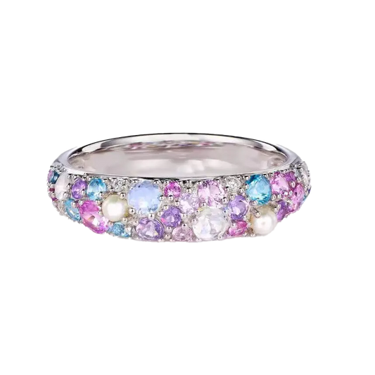 Lab-Grown Multi-Gemstone Moonlit Ring | 0.8ctw Cultured Gems 0.03ctw Moissanite Freshwater Pearl 925 Sterling Silver Ring - BOCOS Jewelry
