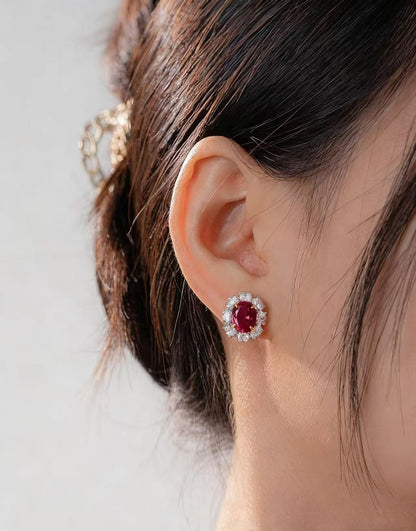 Oval Lab-Grown Ruby Halo Earrings | Moissanite 925 Sterling Silver / 18K Gold Plated Stud Earrings for Women - BOCOS Jewelry