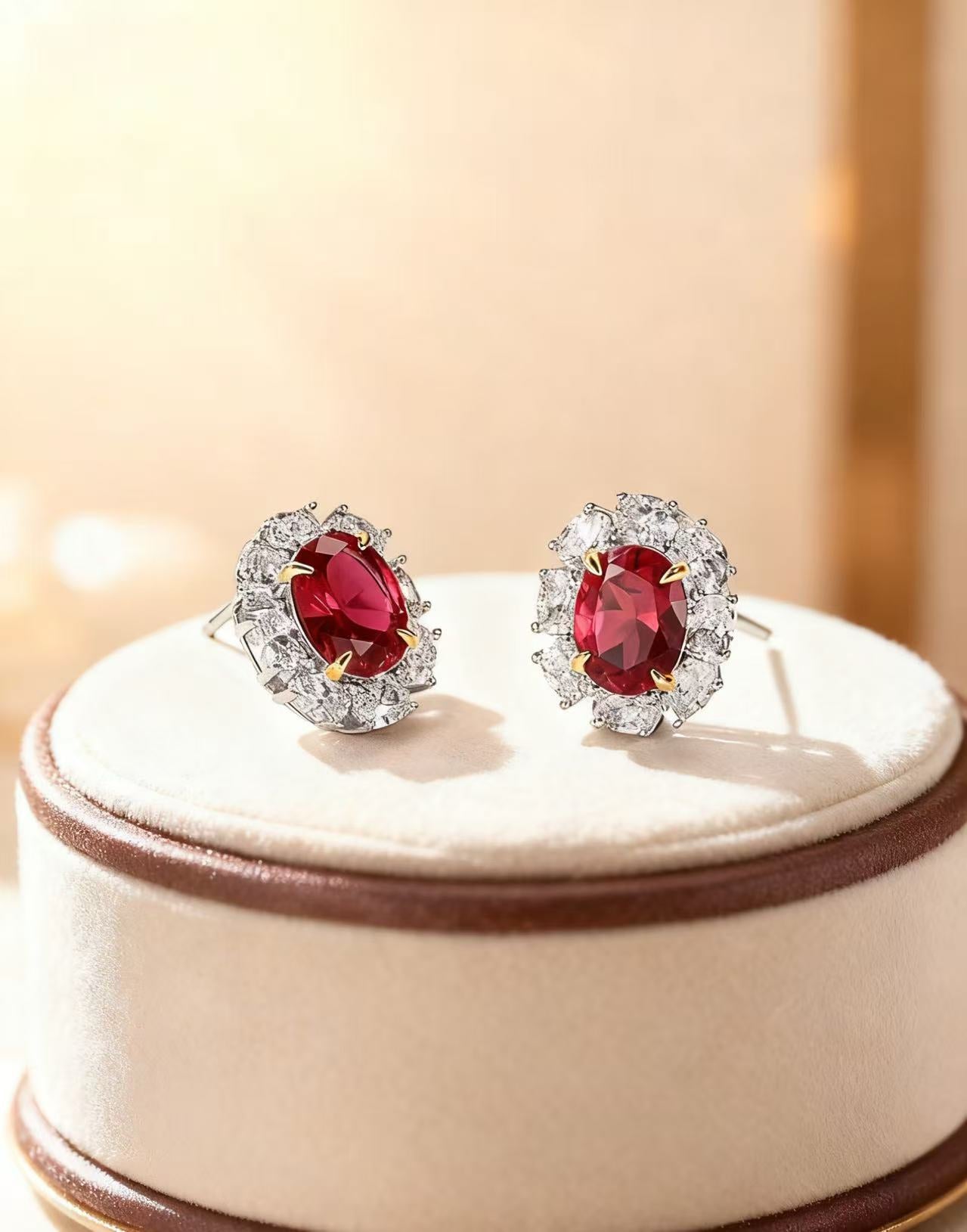 Oval Lab-Grown Ruby Halo Earrings | Moissanite 925 Sterling Silver / 18K Gold Plated Stud Earrings for Women - BOCOS Jewelry