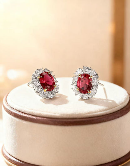 Oval Lab-Grown Ruby Halo Earrings | Moissanite 925 Sterling Silver / 18K Gold Plated Stud Earrings for Women - BOCOS Jewelry