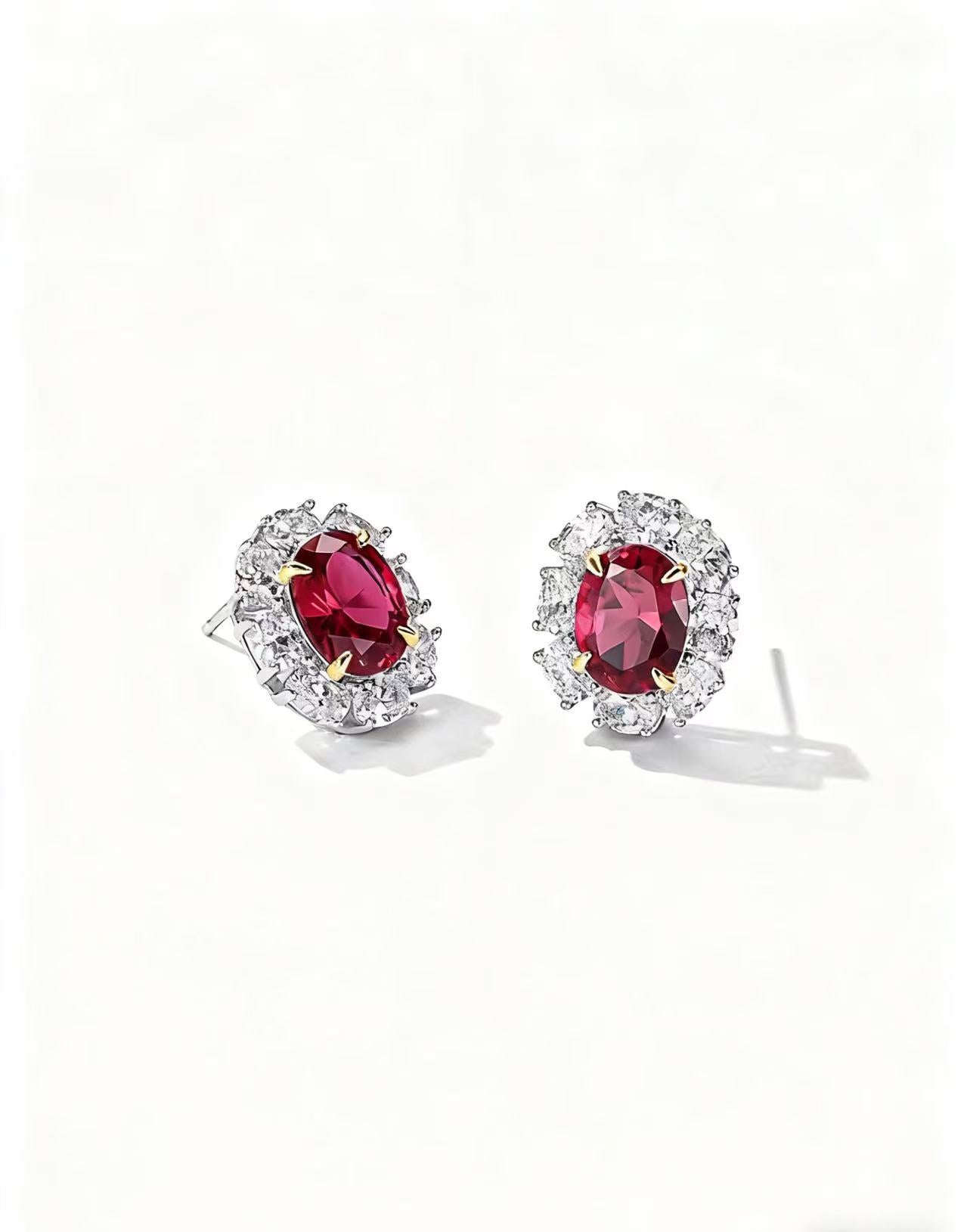 Oval Lab-Grown Ruby Halo Earrings | Moissanite 925 Sterling Silver / 18K Gold Plated Stud Earrings for Women - BOCOS Jewelry