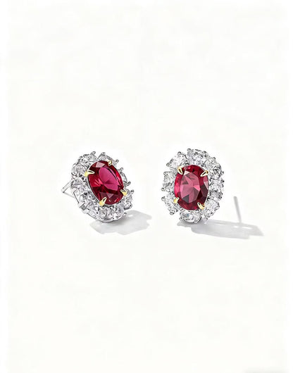 Oval Lab-Grown Ruby Halo Earrings | Moissanite 925 Sterling Silver / 18K Gold Plated Stud Earrings for Women - BOCOS Jewelry
