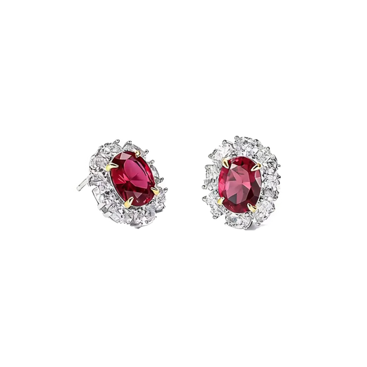 Oval Lab-Grown Ruby Halo Earrings | Moissanite 925 Sterling Silver / 18K Gold Plated Stud Earrings for Women - BOCOS Jewelry