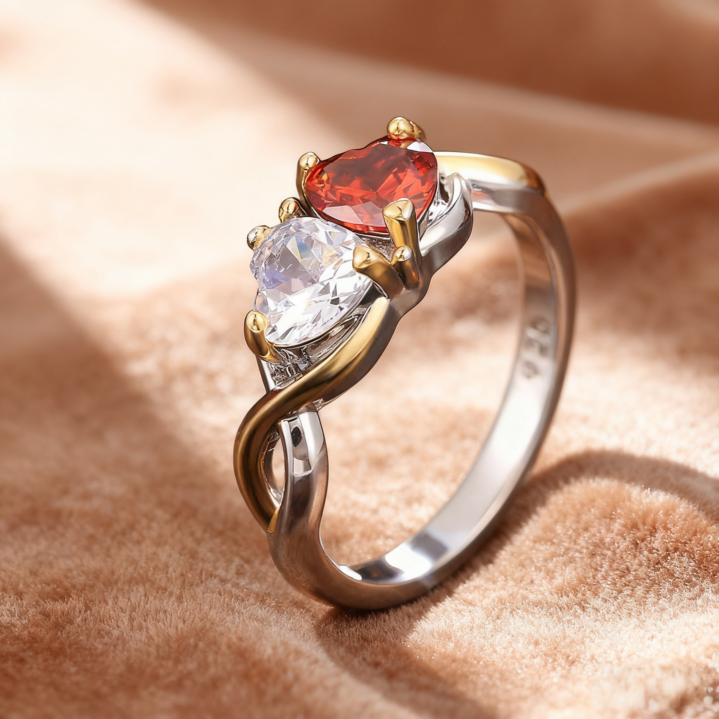 Toi et Moi Lab-Grown Ruby & Moissanite Ring | 925 Sterling Silver Gold Plated Two-Stone Engagement Ring - BOCOS Jewelry