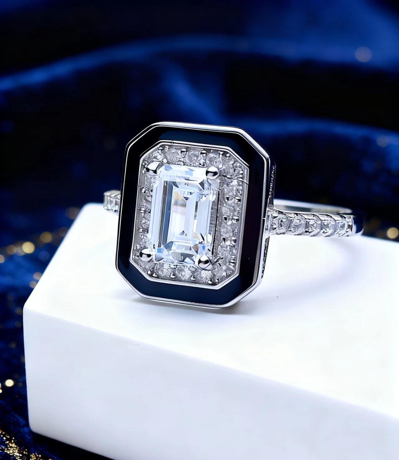 Emerald Cut Moissanite Men's Ring | 925 Sterling Silver Platinum Plated Black Enamel Halo Men's Ring - BOCOS Jewelry