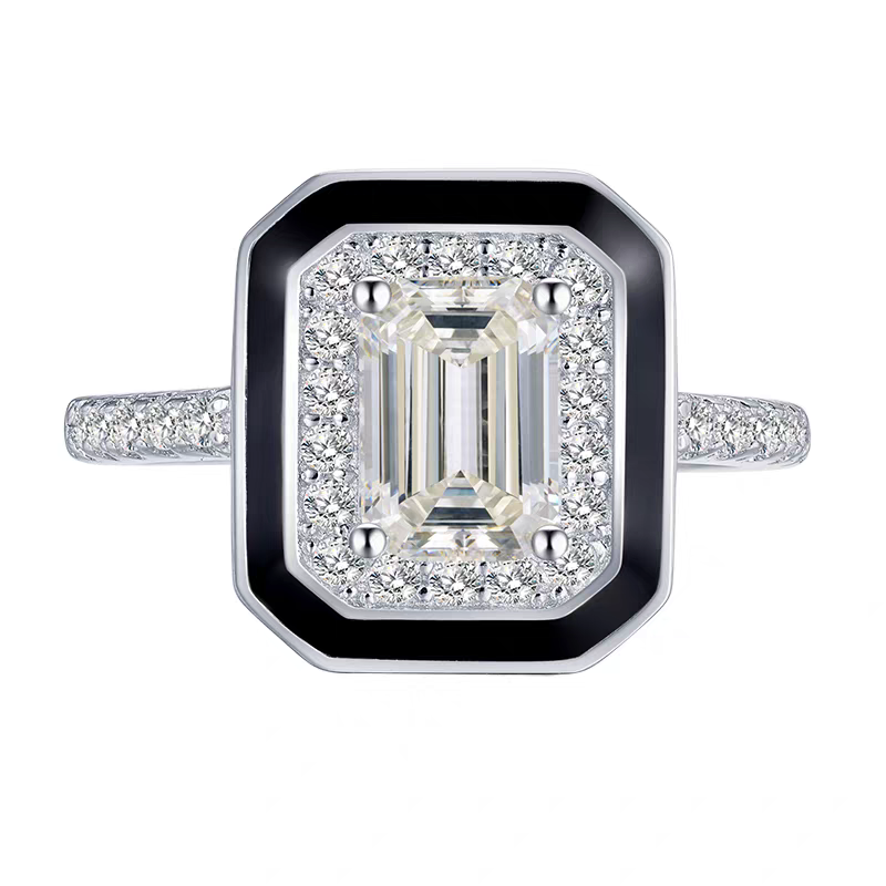 Emerald Cut Moissanite Men's Ring | 925 Sterling Silver Platinum Plated Black Enamel Halo Men's Ring - BOCOS Jewelry