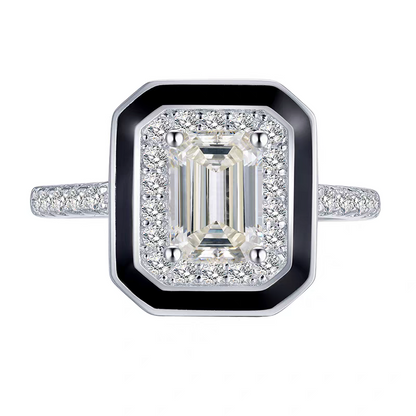 Emerald Cut Moissanite Men's Ring | 925 Sterling Silver Platinum Plated Black Enamel Halo Men's Ring - BOCOS Jewelry