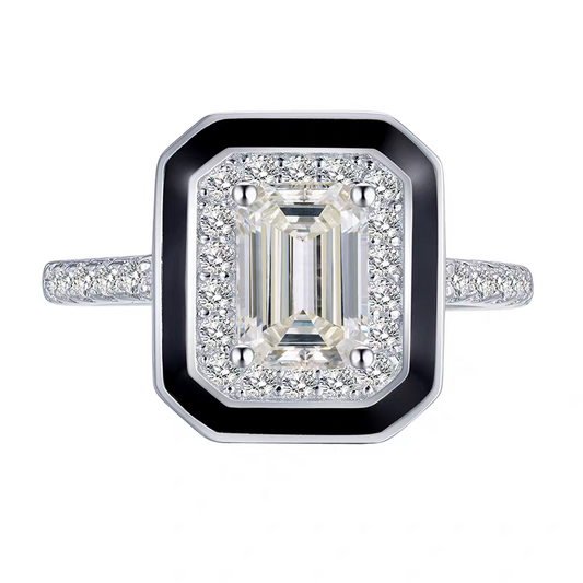 Emerald Cut Moissanite Men's Ring | 925 Sterling Silver Platinum Plated Black Enamel Halo Men's Ring - BOCOS Jewelry