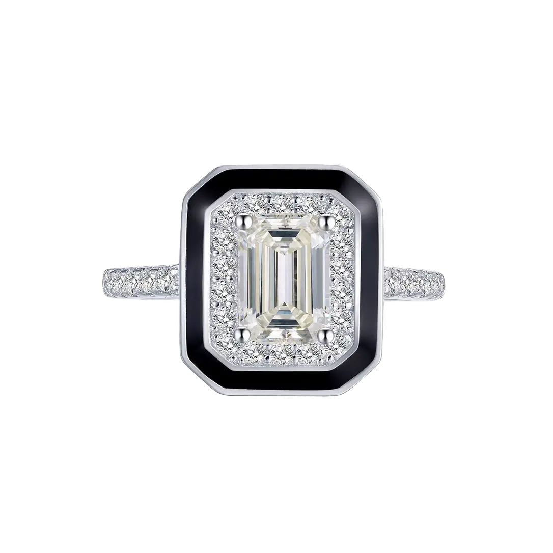 Emerald Cut Moissanite Men's Ring | 925 Sterling Silver Platinum Plated Black Enamel Halo Men's Ring - BOCOS Jewelry