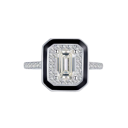 Emerald Cut Moissanite Men's Ring | 925 Sterling Silver Platinum Plated Black Enamel Halo Men's Ring - BOCOS Jewelry