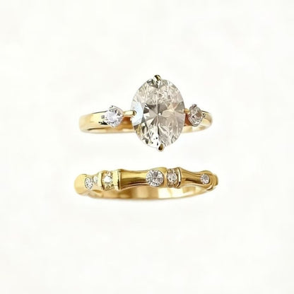 2ct Oval Cut Moissanite Ring Set | Bamboo Design 925 Silver Gold Plated Stackable Ring for Women - BOCOS Jewelry