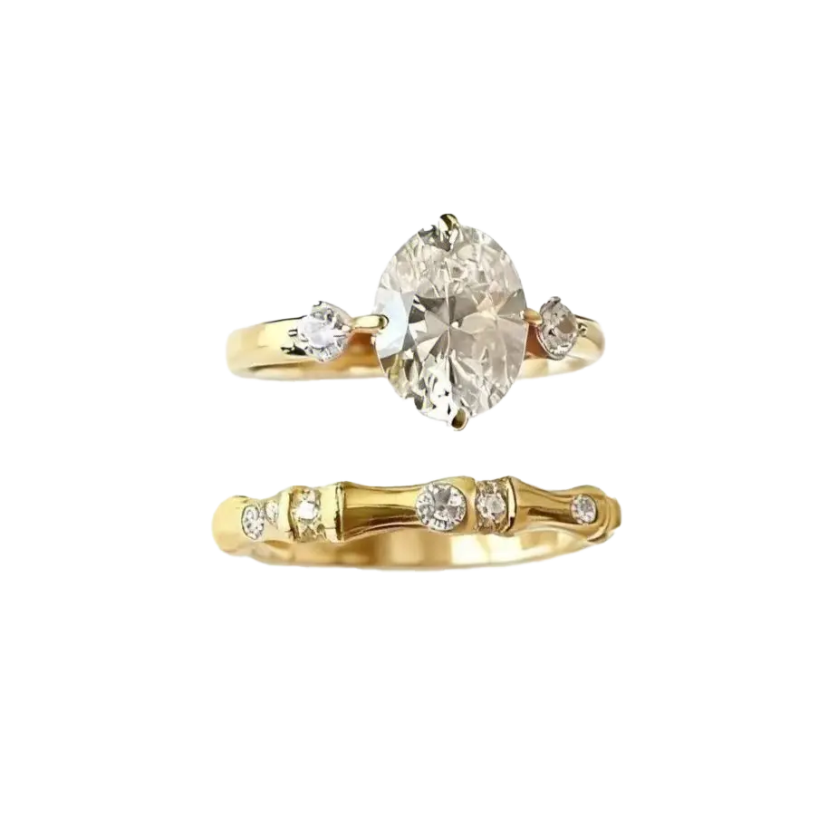 2ct Oval Cut Moissanite Ring Set | Bamboo Design 925 Silver Gold Plated Stackable Ring for Women - BOCOS Jewelry