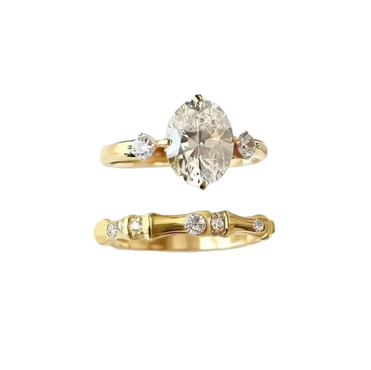 2ct Oval Cut Moissanite Ring Set | Bamboo Design 925 Silver Gold Plated Stackable Ring for Women - BOCOS Jewelry