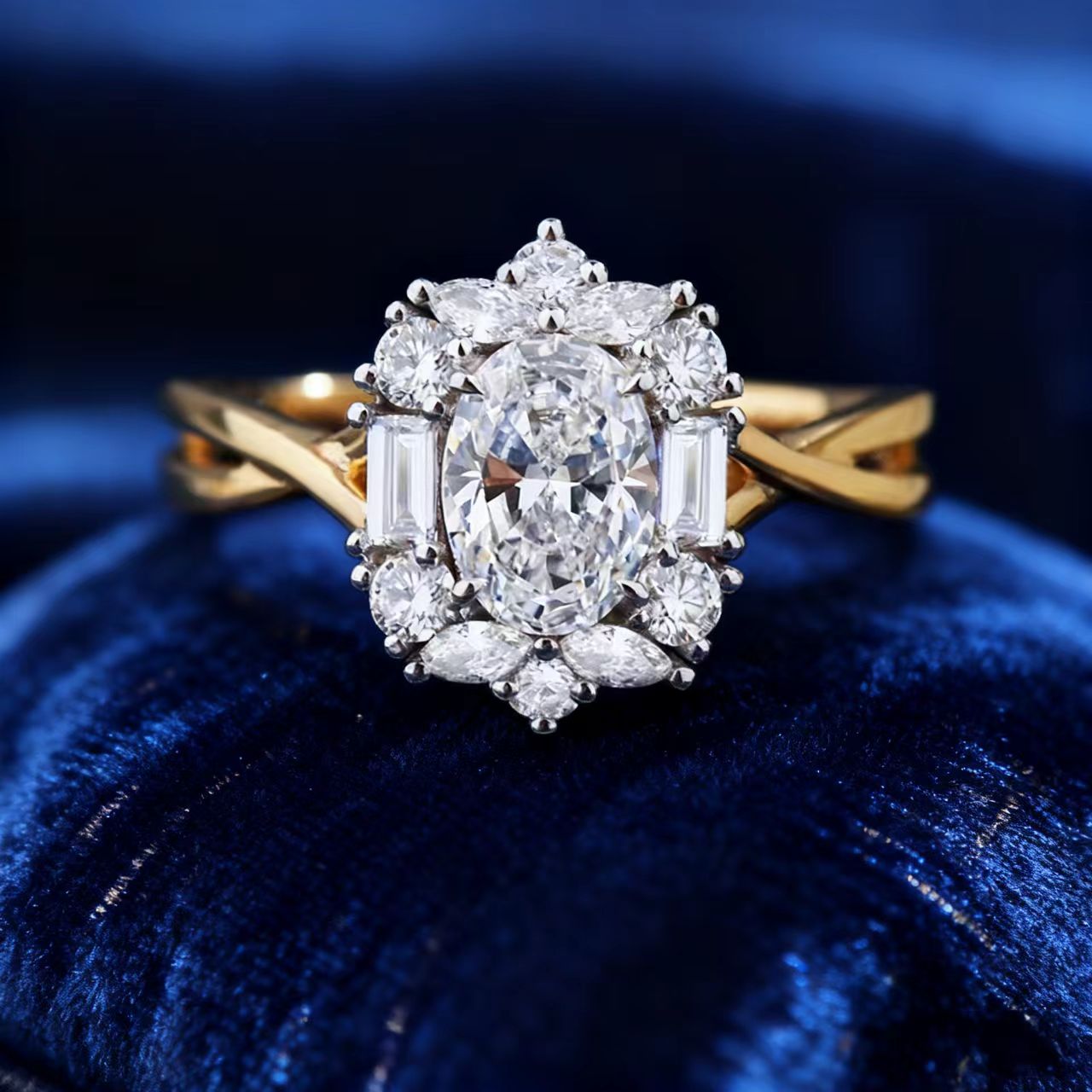 1.5ct Oval Cut Moissanite Halo Ring | 925 Sterling Silver Gold Plated Multi-Cut Moissanite Engagement Ring - BOCOS Jewelry