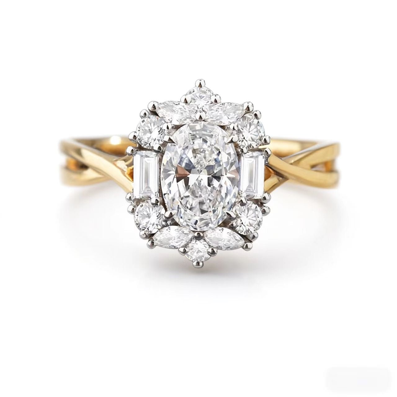 1.5ct Oval Cut Moissanite Halo Ring | 925 Sterling Silver Gold Plated Multi-Cut Moissanite Engagement Ring - BOCOS Jewelry