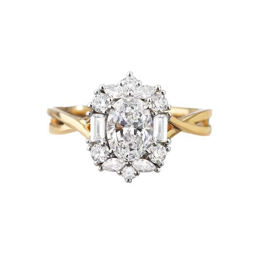 1.5ct Oval Cut Moissanite Halo Ring | 925 Sterling Silver Gold Plated Multi-Cut Moissanite Engagement Ring - BOCOS Jewelry