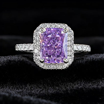 Radiant Cut Lab-Grown Purple Sapphire Ring | Moissanite Halo 925 Sterling Silver Platinum Plated Ring for Women - BOCOS Jewelry