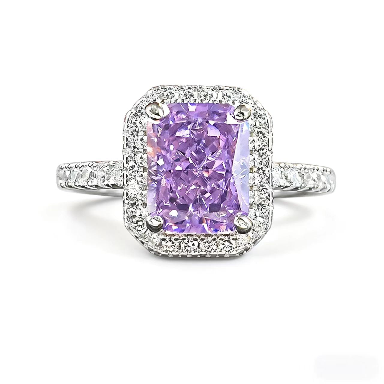 Radiant Cut Lab-Grown Purple Sapphire Ring | Moissanite Halo 925 Sterling Silver Platinum Plated Ring for Women - BOCOS Jewelry