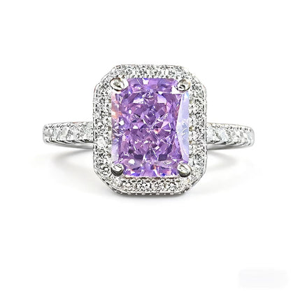 Radiant Cut Lab-Grown Purple Sapphire Ring | Moissanite Halo 925 Sterling Silver Platinum Plated Ring for Women - BOCOS Jewelry