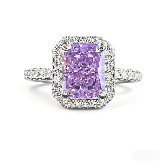Radiant Cut Lab-Grown Purple Sapphire Ring | Moissanite Halo 925 Sterling Silver Platinum Plated Ring for Women - BOCOS Jewelry