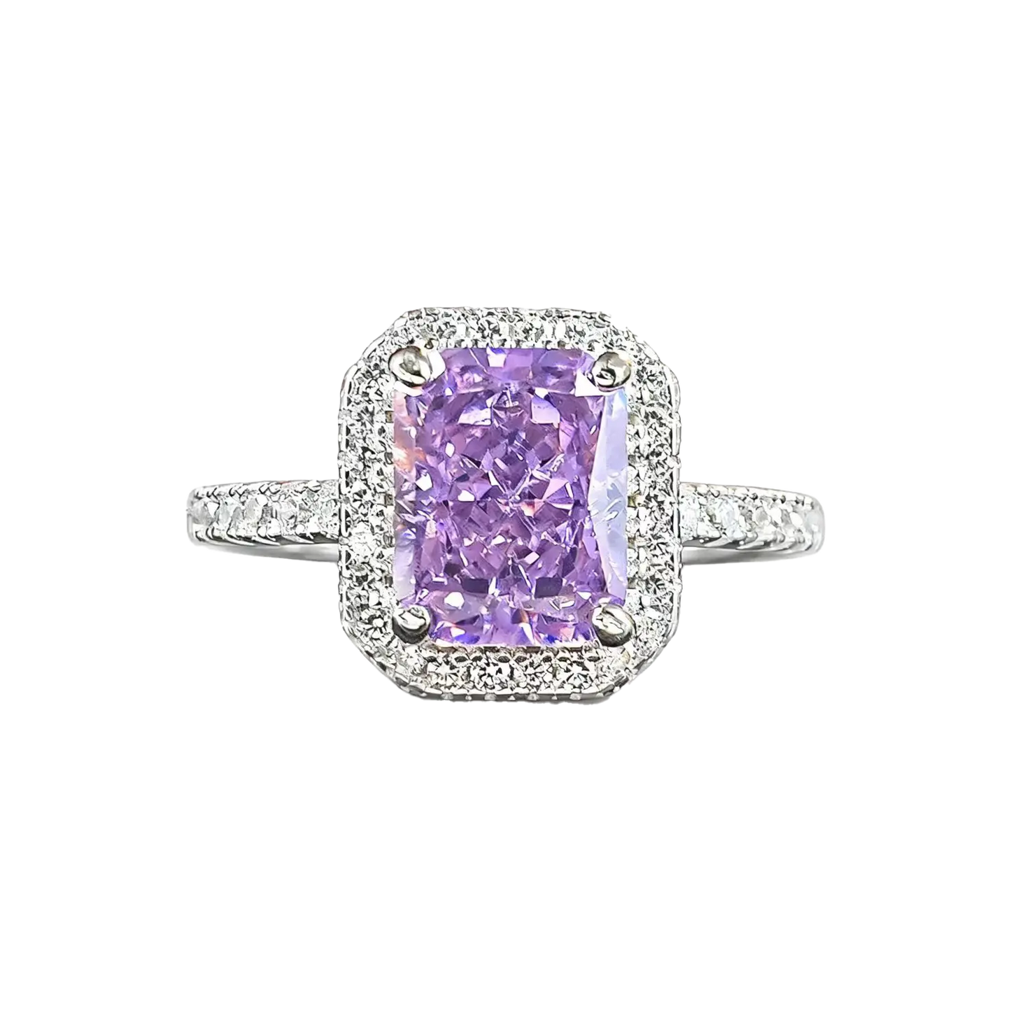 Radiant Cut Lab-Grown Purple Sapphire Ring | Moissanite Halo 925 Sterling Silver Platinum Plated Ring for Women - BOCOS Jewelry