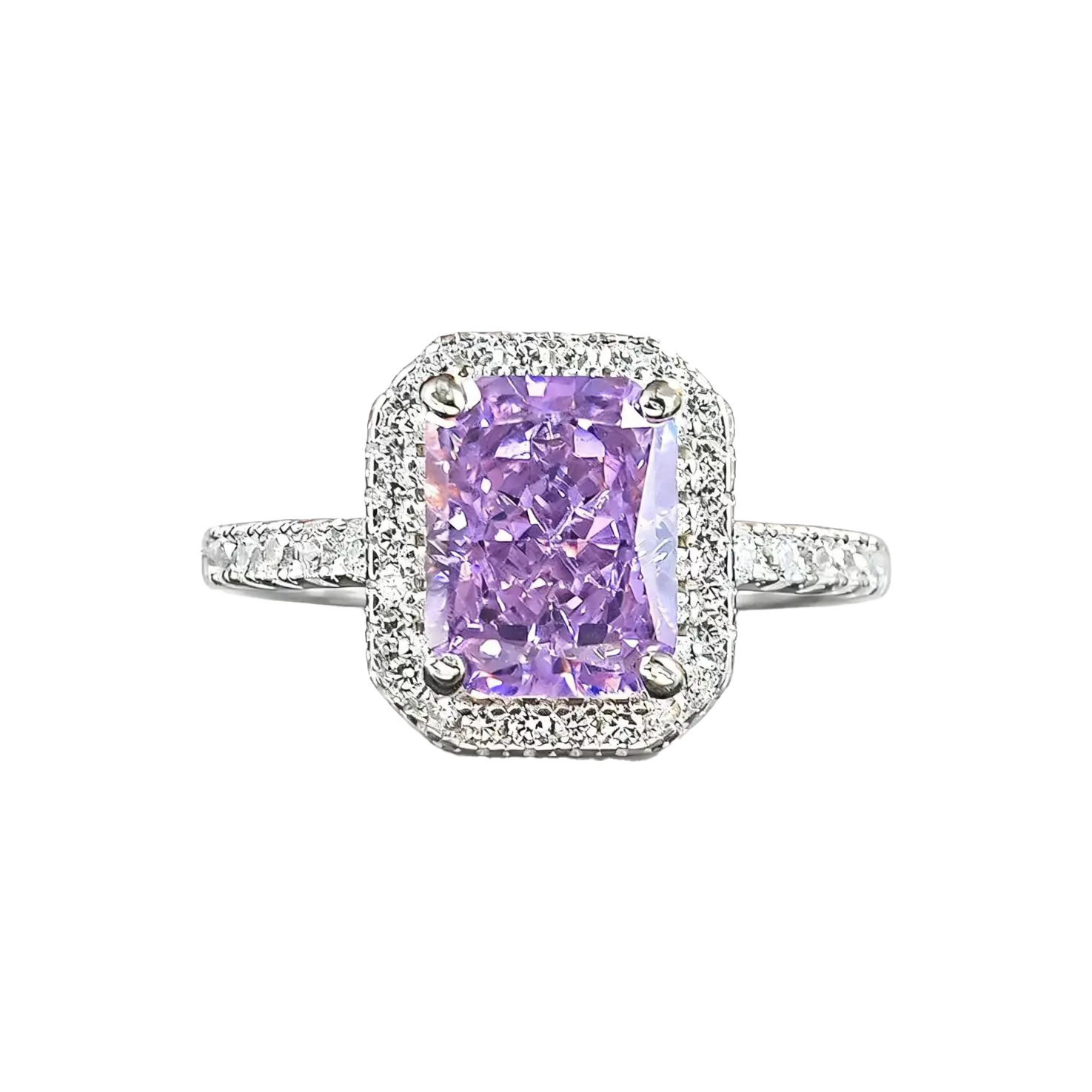 Radiant Cut Lab-Grown Purple Sapphire Ring | Moissanite Halo 925 Sterling Silver Platinum Plated Ring for Women - BOCOS Jewelry