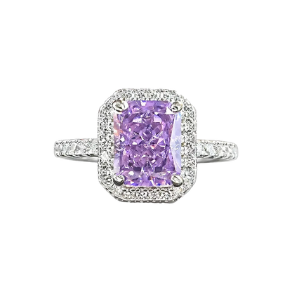 Radiant Cut Lab-Grown Purple Sapphire Ring | Moissanite Halo 925 Sterling Silver Platinum Plated Ring for Women - BOCOS Jewelry
