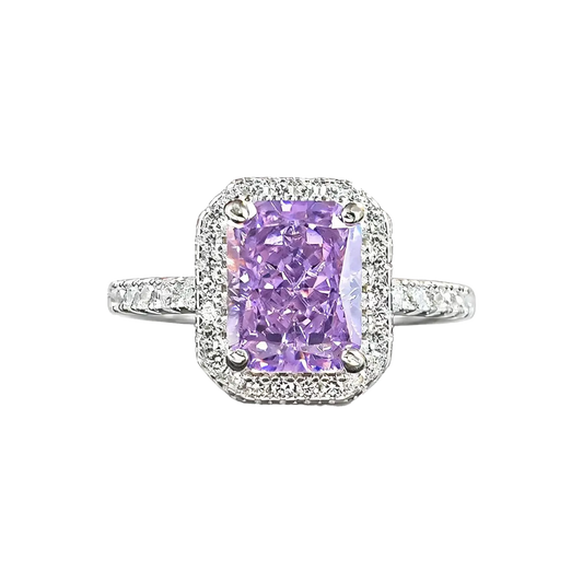 Radiant Cut Lab-Grown Purple Sapphire Ring | Moissanite Halo 925 Sterling Silver Platinum Plated Ring for Women - BOCOS Jewelry