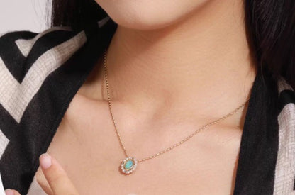 Oval Opal Pendant with Freshwater Pearls & 0.05ct Lab-Grown Sapphire | 18K Gold Plated 925 Silver Vintage-Style Necklace - BOCOS Jewelry