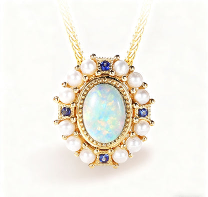 Oval Opal Pendant with Freshwater Pearls & 0.05ct Lab-Grown Sapphire | 18K Gold Plated 925 Silver Vintage-Style Necklace - BOCOS Jewelry
