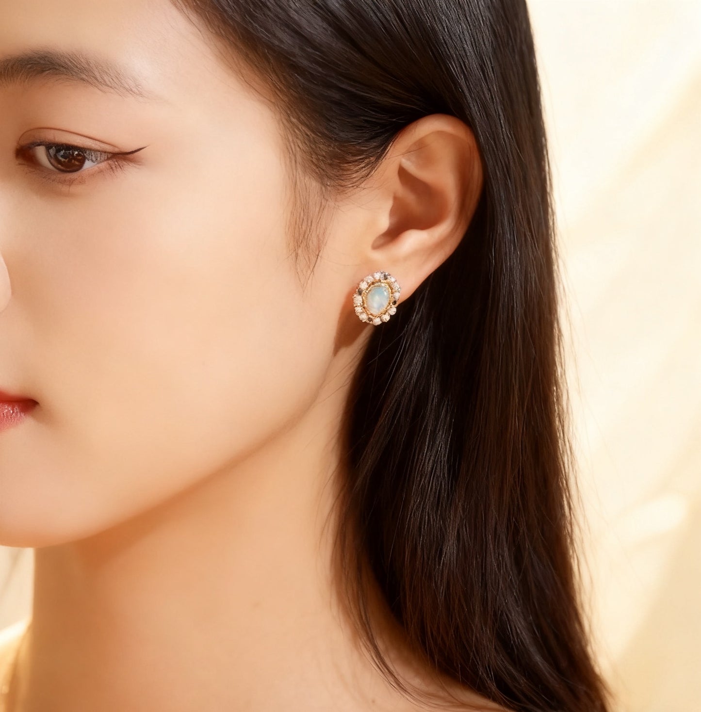 Vintage Opal Stud Earrings with Freshwater Pearls & 0.10ct Lab-Grown Sapphire | 18K Gold Plated 925 Sterling Silver Retro Earrings - BOCOS Jewelry