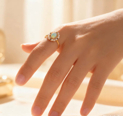 Vintage Opal Ring with Freshwater Pearls & Lab-Grown Sapphire | 18K Gold Plated 925 Sterling Silver Retro Ring - BOCOS Jewelry