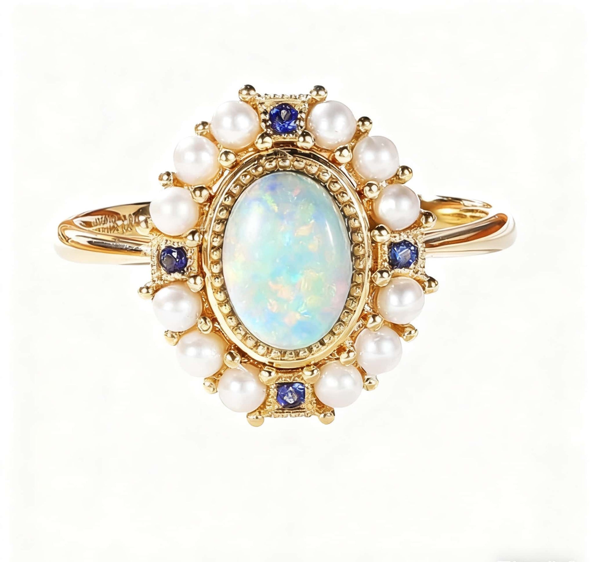 Vintage Opal Ring with Freshwater Pearls & Lab-Grown Sapphire | 18K Gold Plated 925 Sterling Silver Retro Ring - BOCOS Jewelry