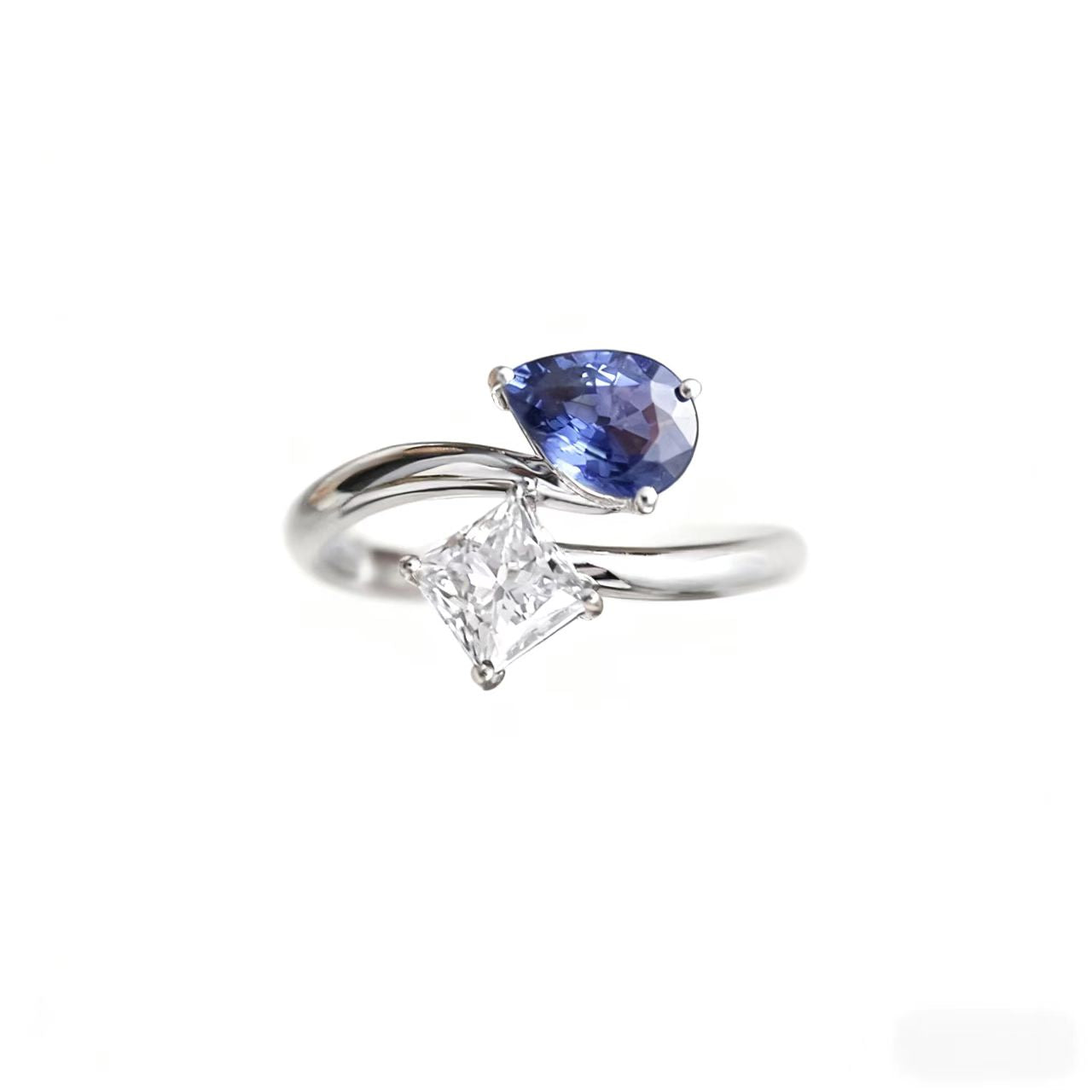 Toi et Moi 1ct Princess Cut Moissanite & 1ct Pear Lab-Grown Blue Sapphire Ring | 925 Sterling Silver Platinum Plated Two-Stone Statement Ring - BOCOS Jewelry