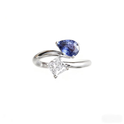 Toi et Moi 1ct Princess Cut Moissanite & 1ct Pear Lab-Grown Blue Sapphire Ring | 925 Sterling Silver Platinum Plated Two-Stone Statement Ring - BOCOS Jewelry