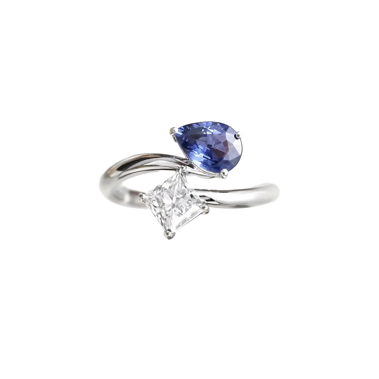Toi et Moi 1ct Princess Cut Moissanite & 1ct Pear Lab-Grown Blue Sapphire Ring | 925 Sterling Silver Platinum Plated Two-Stone Statement Ring - BOCOS Jewelry