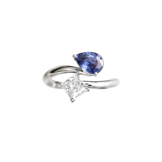 Toi et Moi 1ct Princess Cut Moissanite & 1ct Pear Lab-Grown Blue Sapphire Ring | 925 Sterling Silver Platinum Plated Two-Stone Statement Ring - BOCOS Jewelry