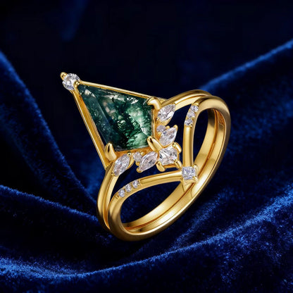 Geometric Moss Agate Ring with Moissanite | 18K Gold Plated 925 Sterling Silver Art Deco Ring - BOCOS Jewelry