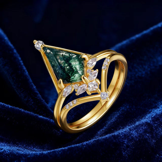 Geometric Moss Agate Ring with Moissanite | 18K Gold Plated 925 Sterling Silver Art Deco Ring - BOCOS Jewelry