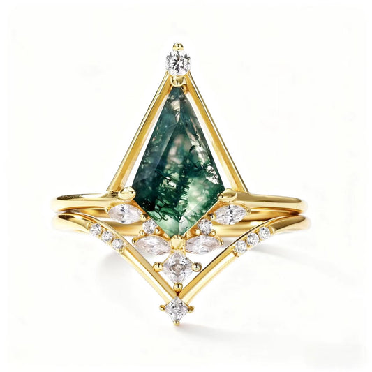 Geometric Moss Agate Ring with Moissanite | 18K Gold Plated 925 Sterling Silver Art Deco Ring - BOCOS Jewelry