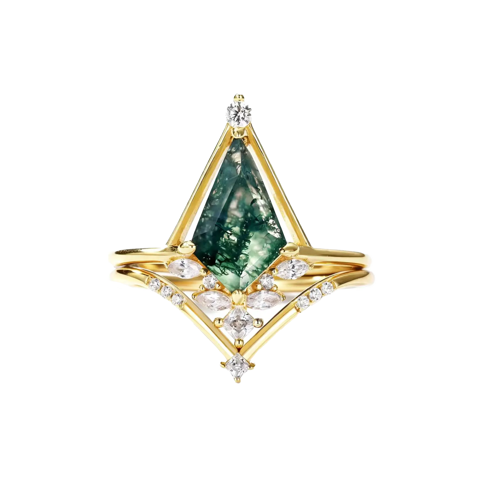 Geometric Moss Agate Ring with Moissanite | 18K Gold Plated 925 Sterling Silver Art Deco Ring - BOCOS Jewelry