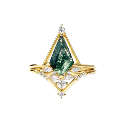 Geometric Moss Agate Ring with Moissanite | 18K Gold Plated 925 Sterling Silver Art Deco Ring - BOCOS Jewelry