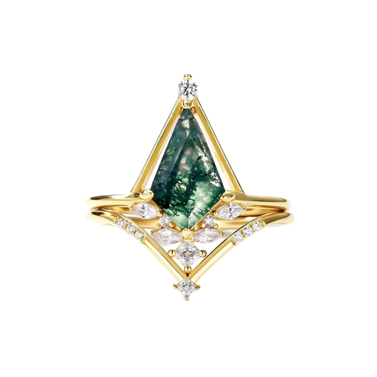 Geometric Moss Agate Ring with Moissanite | 18K Gold Plated 925 Sterling Silver Art Deco Ring - BOCOS Jewelry