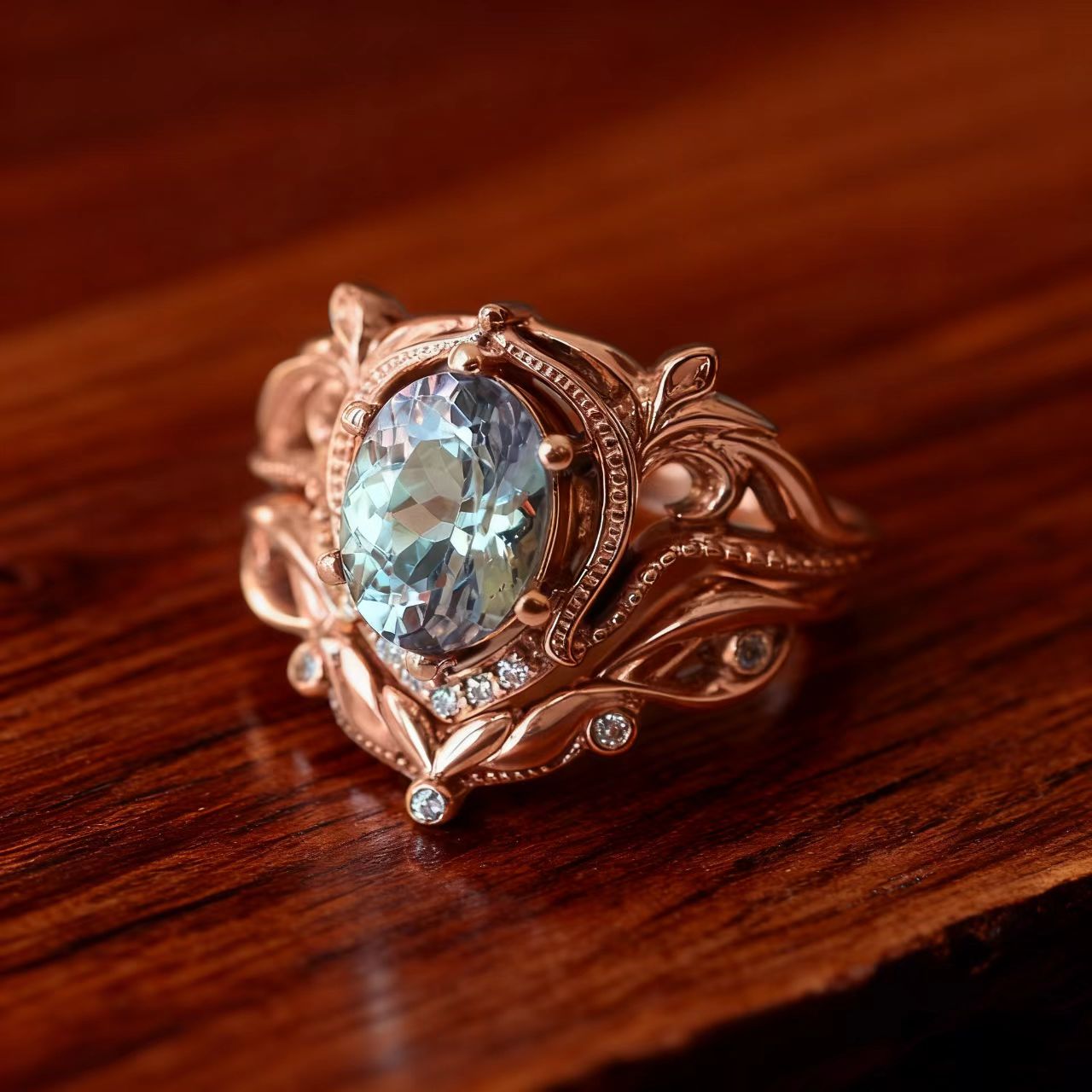 Vintage Oval Cut Morganite Ring with Moissanite | 18K Rose Gold Plated 925 Sterling Silver Art Nouveau Ring - BOCOS Jewelry
