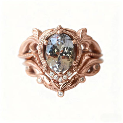 Vintage Oval Cut Morganite Ring with Moissanite | 18K Rose Gold Plated 925 Sterling Silver Art Nouveau Ring - BOCOS Jewelry