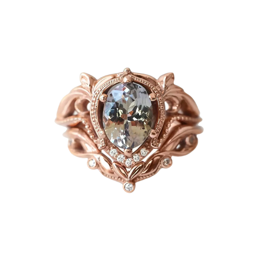 Vintage Oval Cut Morganite Ring with Moissanite | 18K Rose Gold Plated 925 Sterling Silver Art Nouveau Ring - BOCOS Jewelry